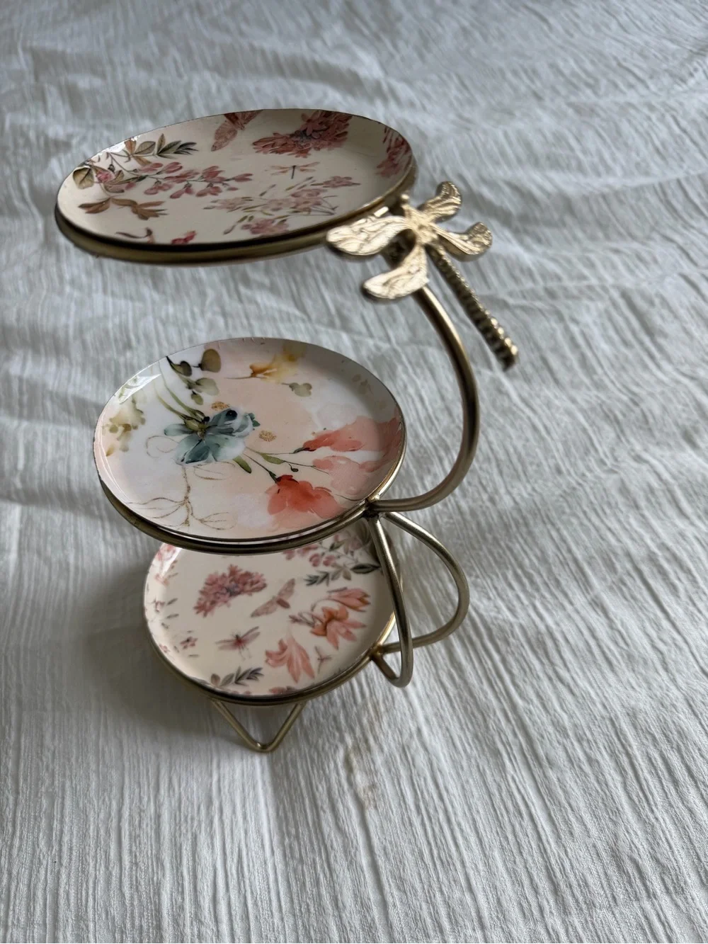 3-Tier Floral Ceramic Jewelry Stand with Gold Dragonfly Handle | Trinket Tray